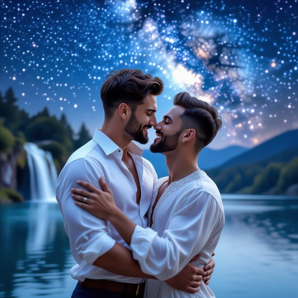 Romantic Couple Kissing by Enchanted Waterfall Lake