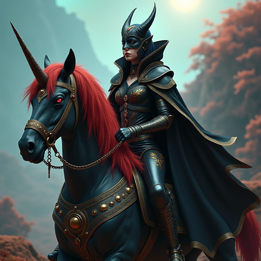 Dark Elf on Unicorn in Rococo Armor