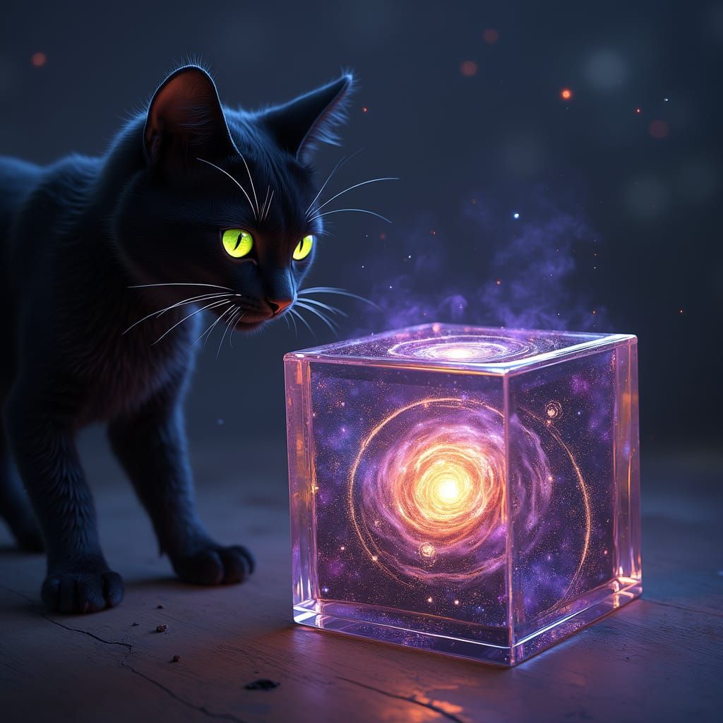 Cosmic Glass Cube with Black Cat Observer in Dark Fantasy St...