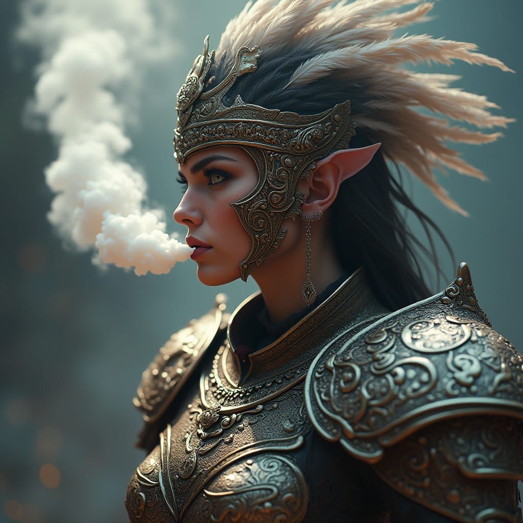 Warrior Woman Exhaling Smoke in Ornate Armor