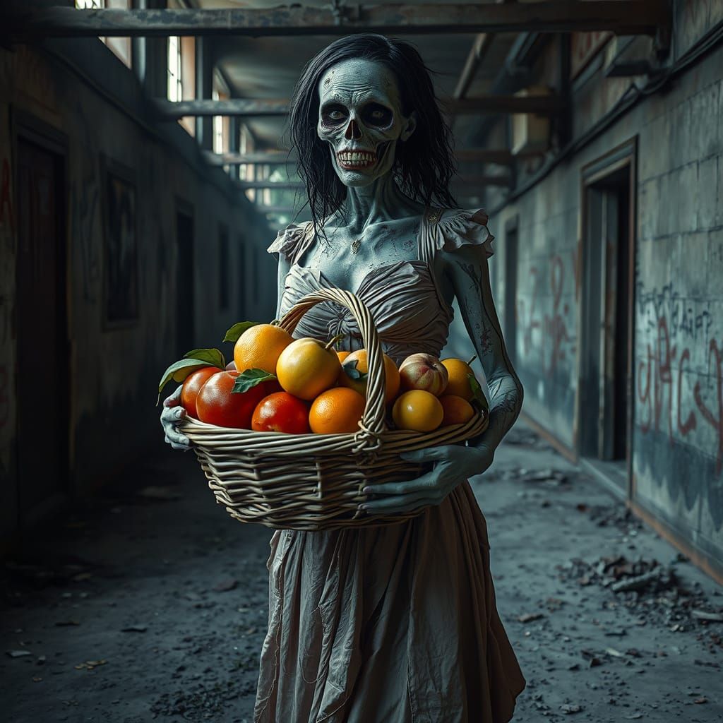 Zombie Woman with Fruit Basket in Beksiński Style