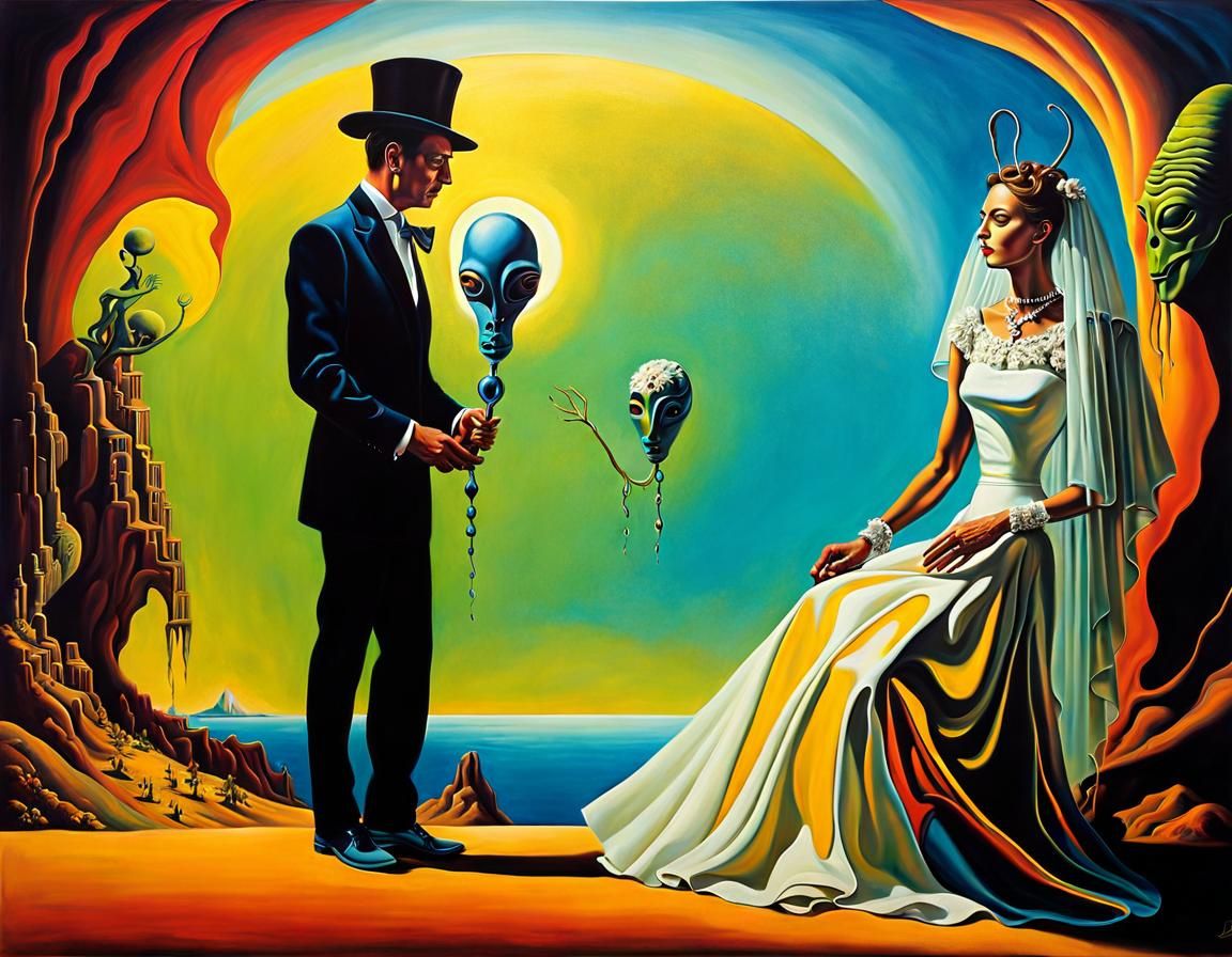 human groom and alien bride vibrant colors surrealism Salvad...