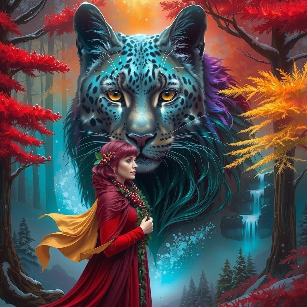 Surreal Winter Leopard Amidst Vibrant Misty Landscape