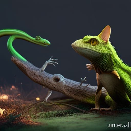 Cat with Lizard: Detailed Fantasy Concept Art