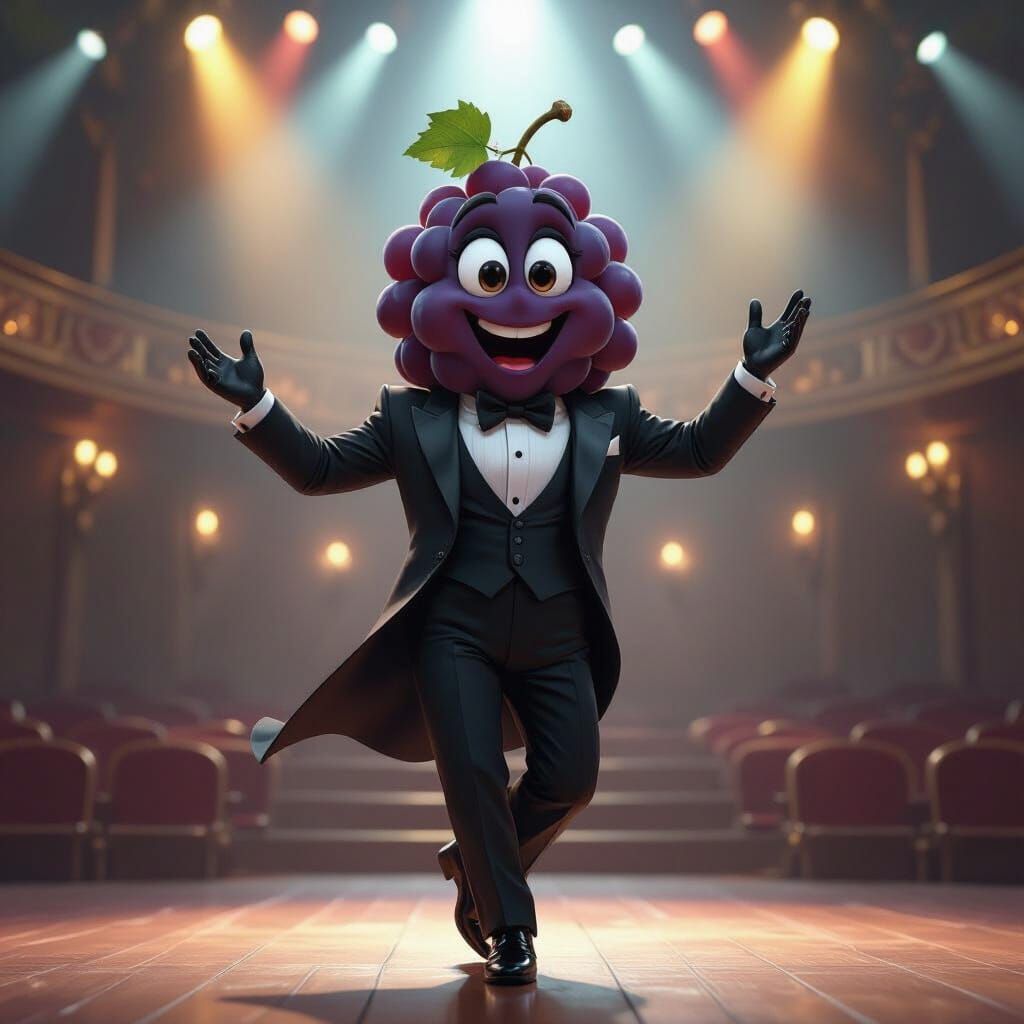 Dancing Grape in Tuxedo on Stage