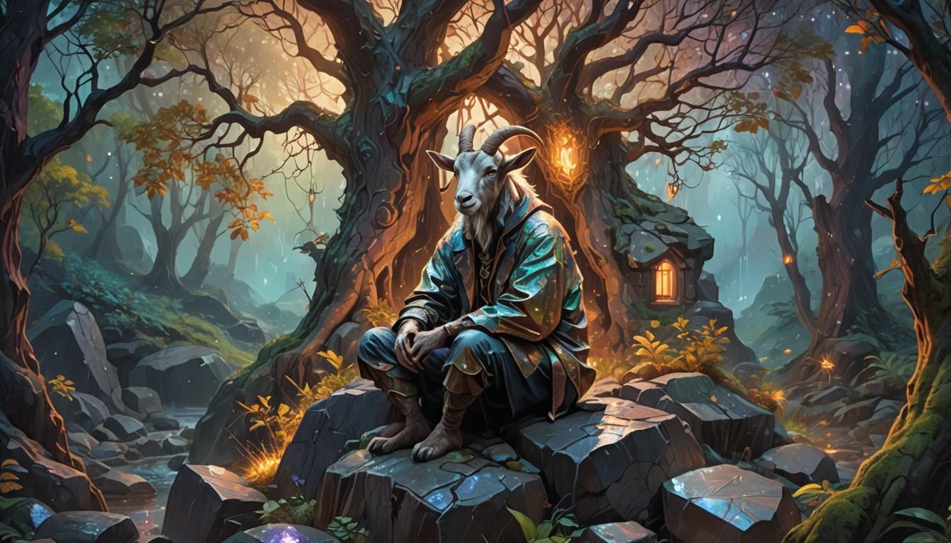 Dejected Goat Man in Rainy Enchanted Forest