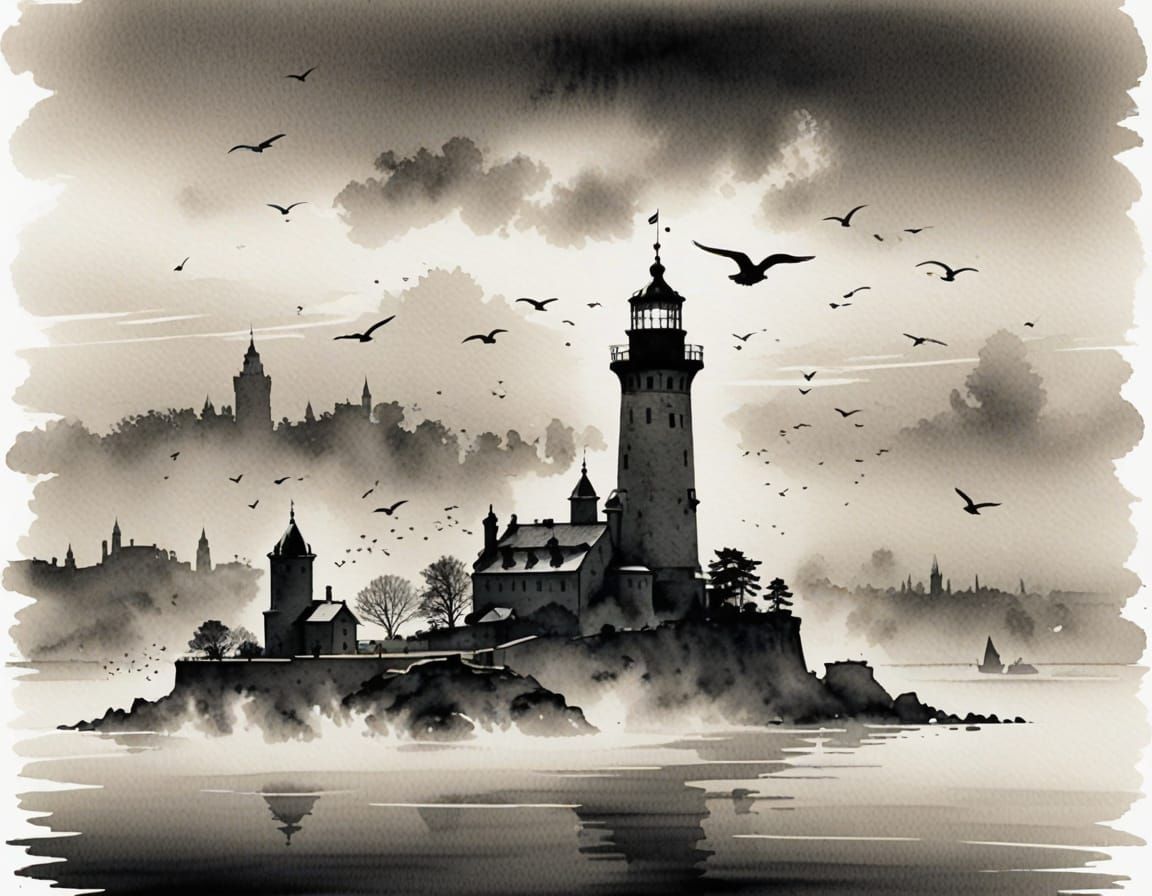 Monochrome Maiden's Tower Silhouette in Morning Fog