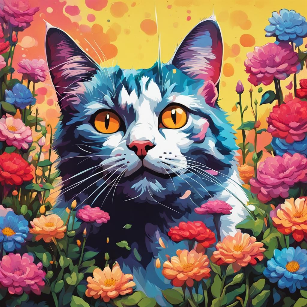 Pop Art Cat in Hyperrealistic Flower Garden
