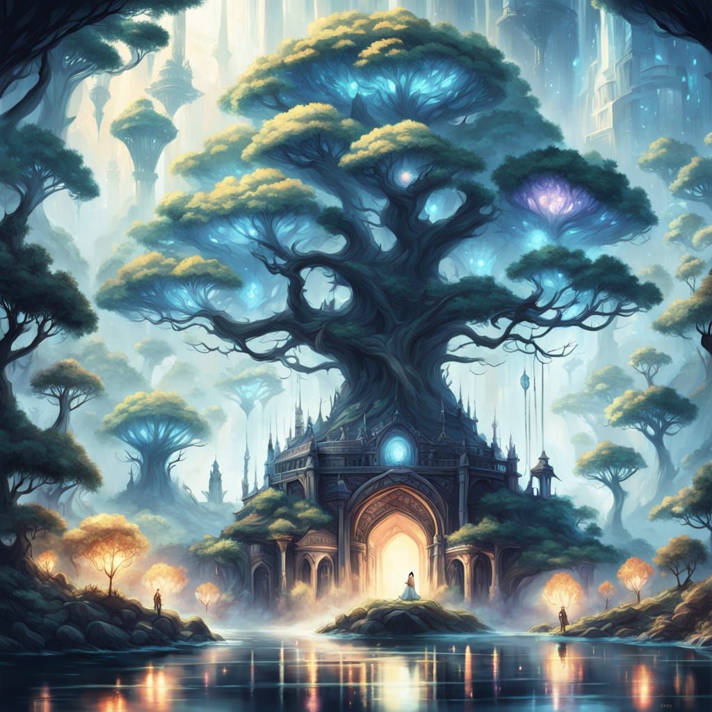 Dreamlike Landscape with Floating Islands and Ancient Tree