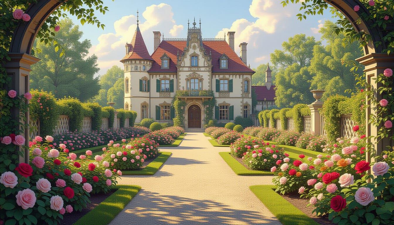 Art Nouveau Medieval Garden with Blooming Roses