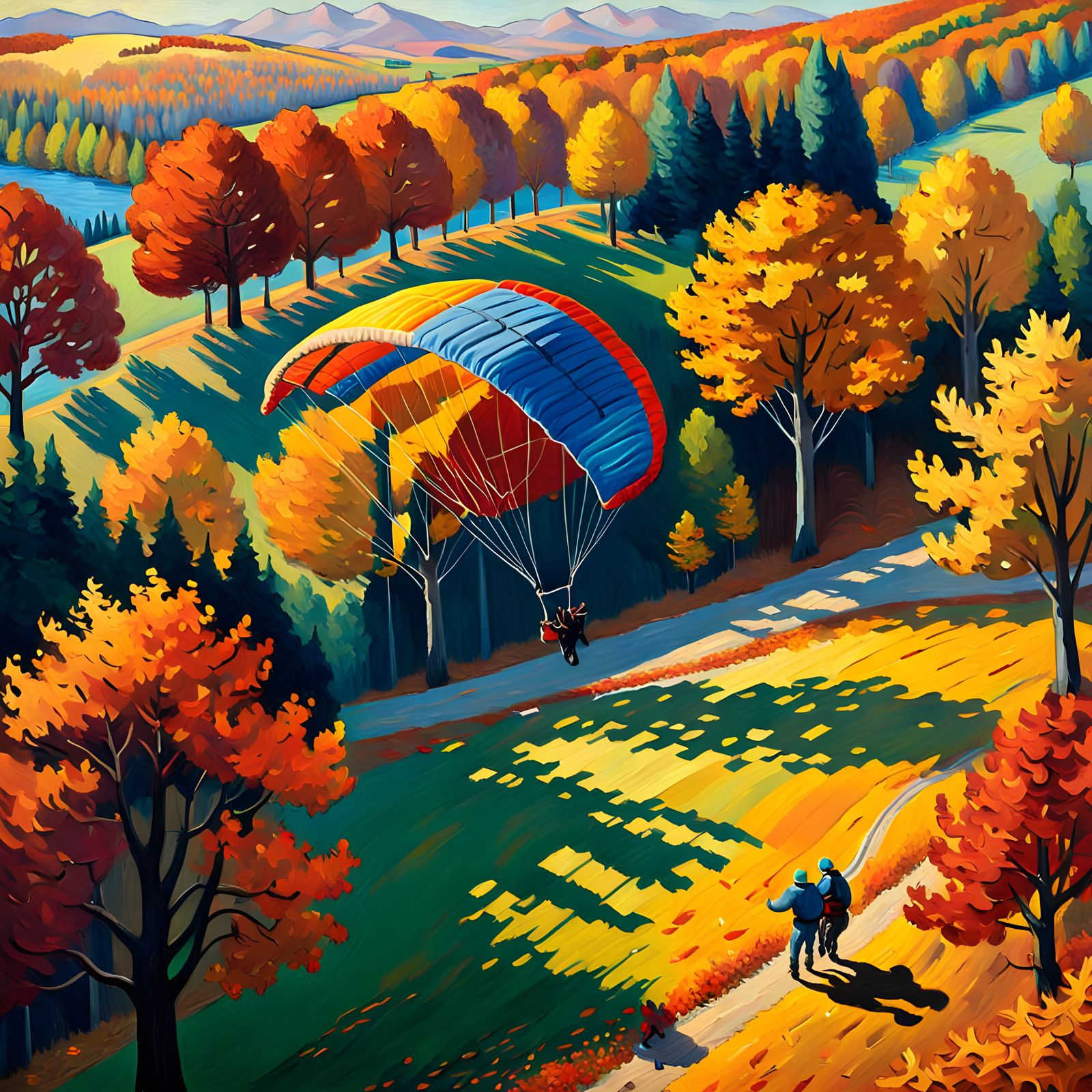 Paragliding Through Autumn Trees in Impressionist Oil Painti...