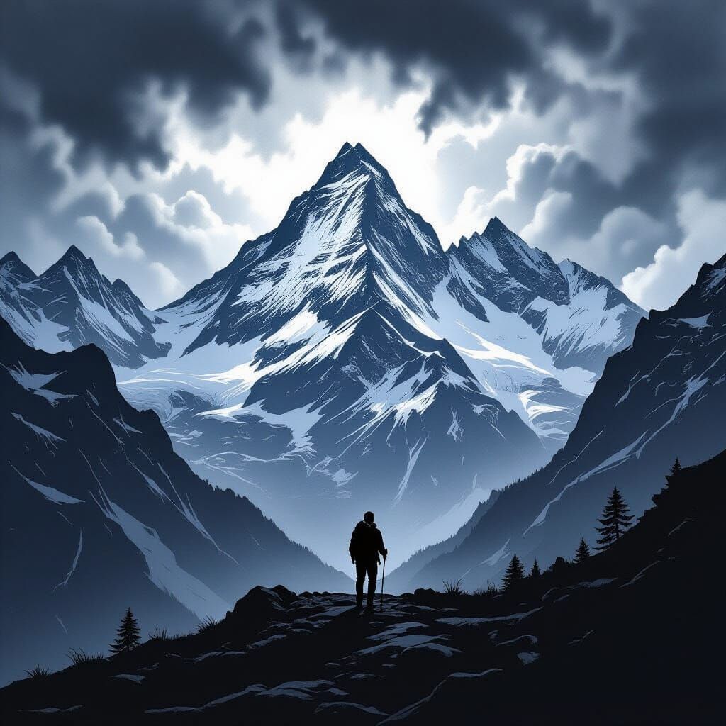 Lone Hiker Silhouetted Against Swiss Alps