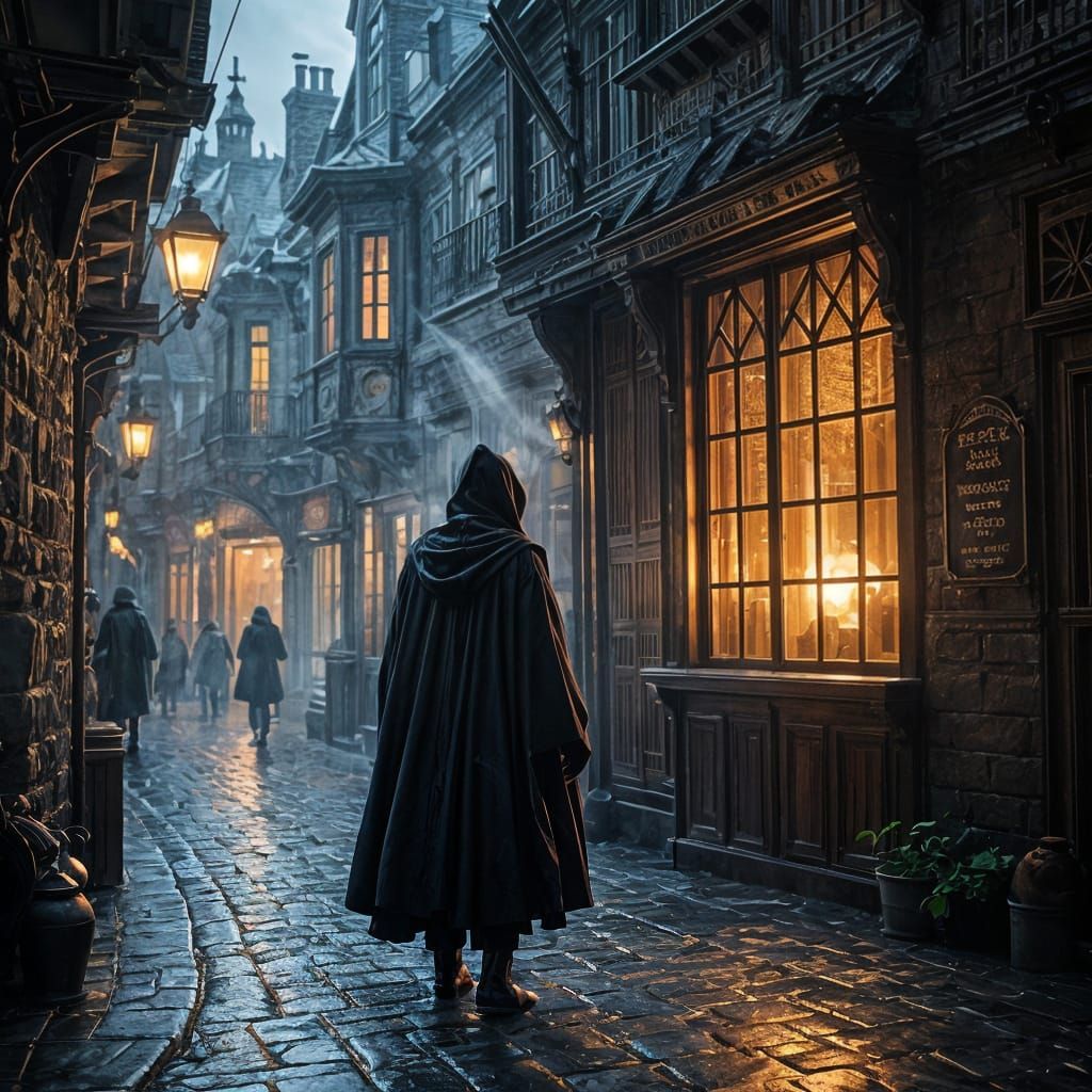Mysterious Figure in Rain-Slicked Alleyway Near Tavern