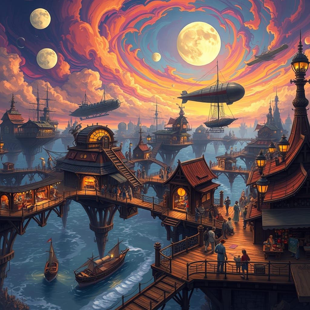 Levitating Marketplace with Airships in Swirling Skies