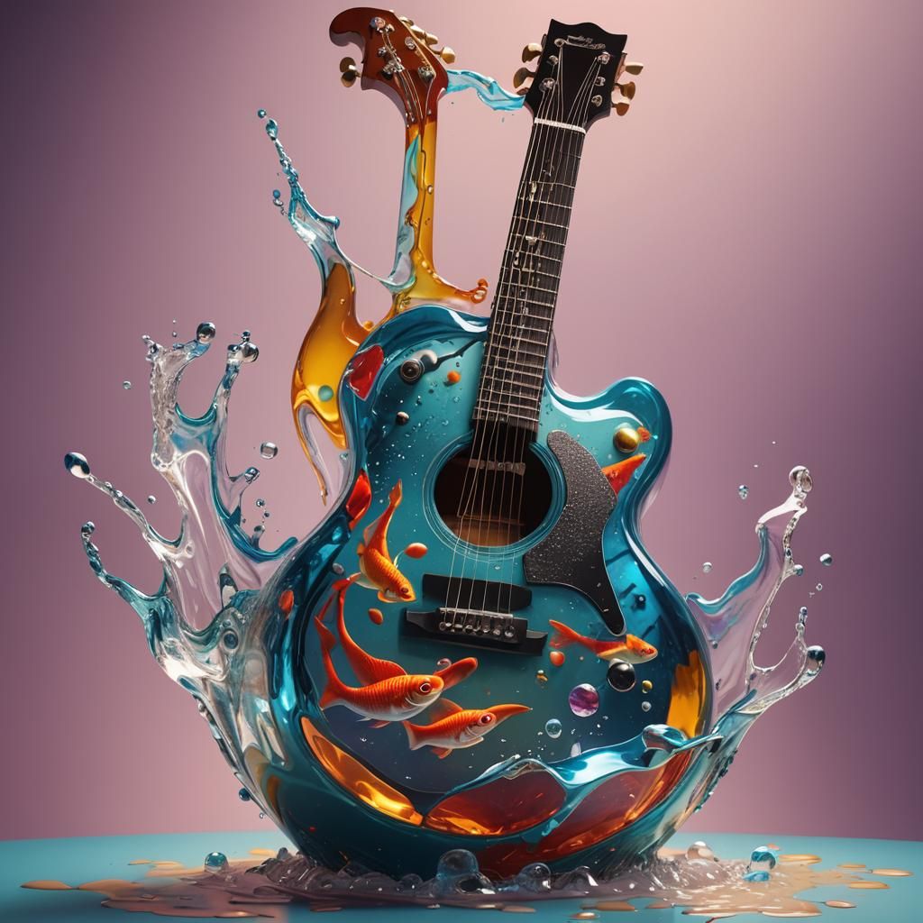 Guitar Fishbowl: Hyperrealistic Splash Art