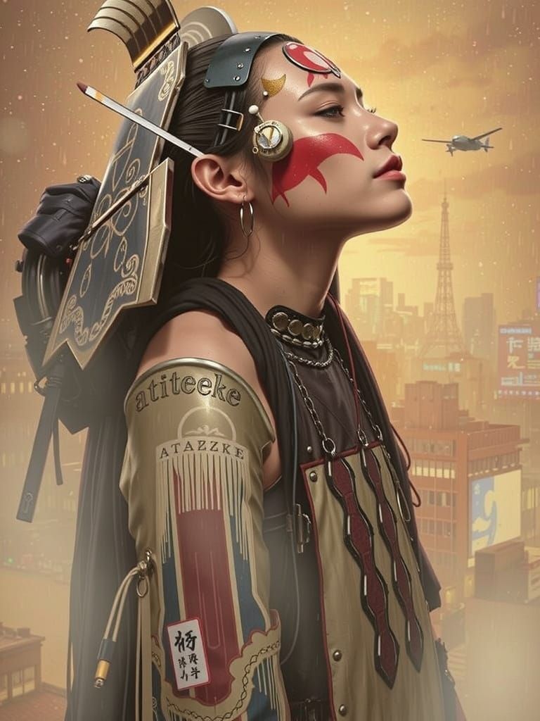 Cyberpunk Warrior Overlooking Futuristic Tokyo at Dusk