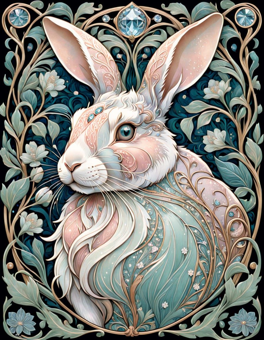 Art Nouveau Rabbit Portrait with Crystal Snow Texture