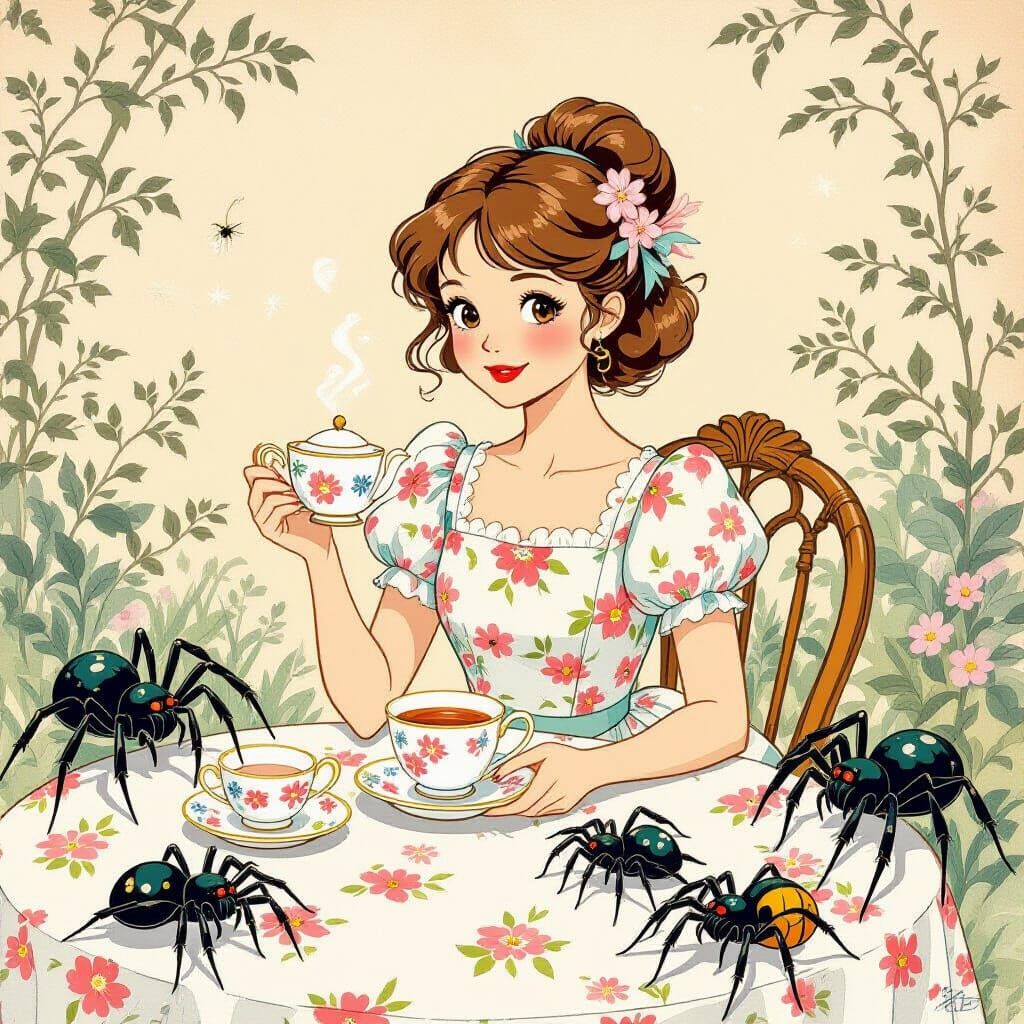 Whimsical Tea Party with Spiders in Potter Style