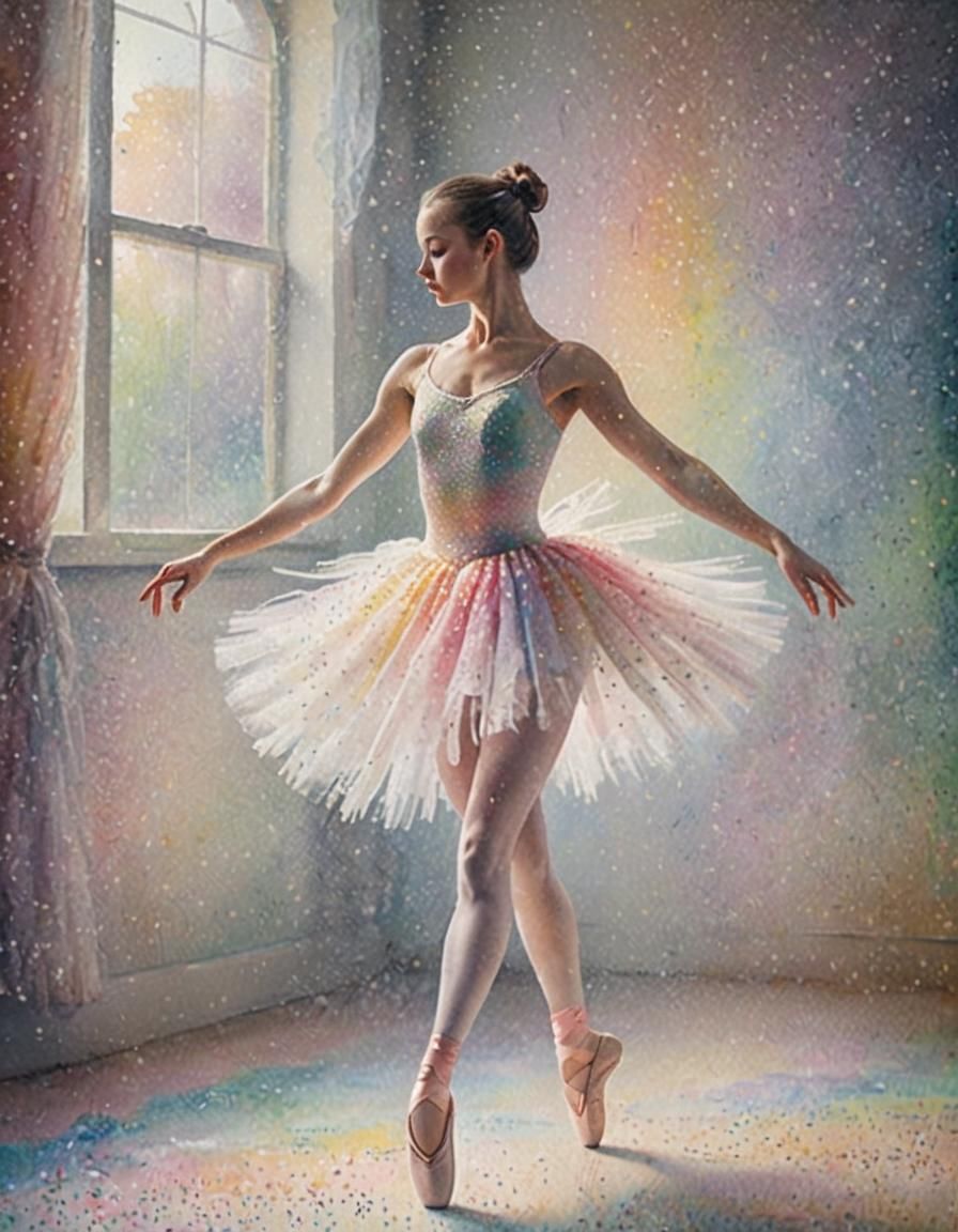 Ballerina in Misty Studio as Pointillist Art