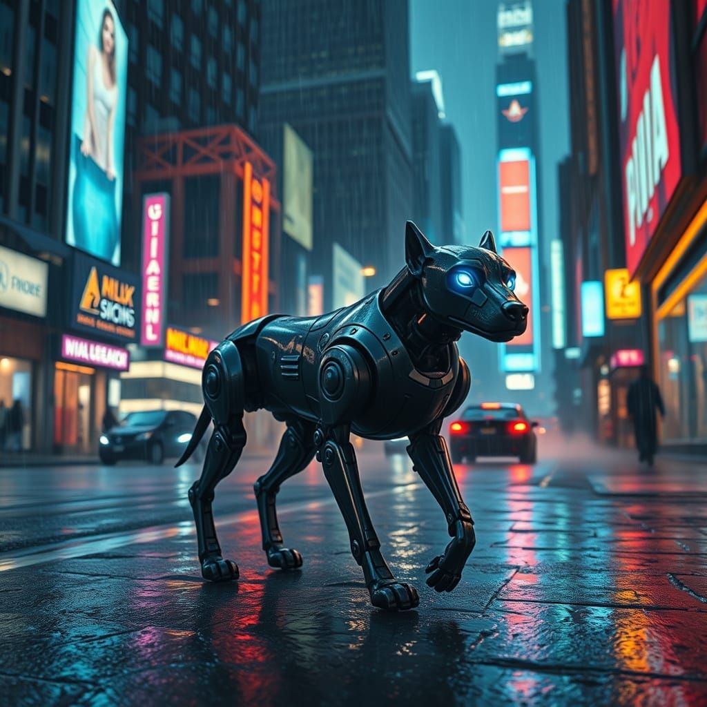 Cyberpunk Robot Dog Illuminated by Rainy City Lights