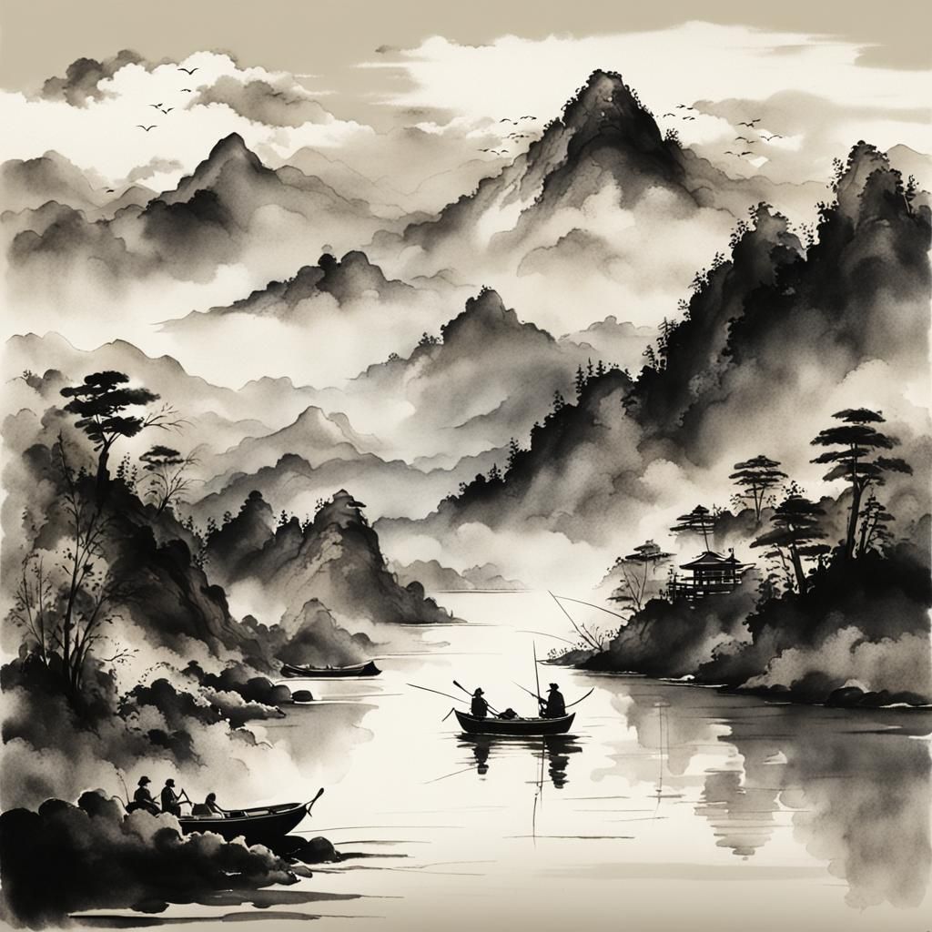 Fishermen on River in Japanese Ink Wash Style