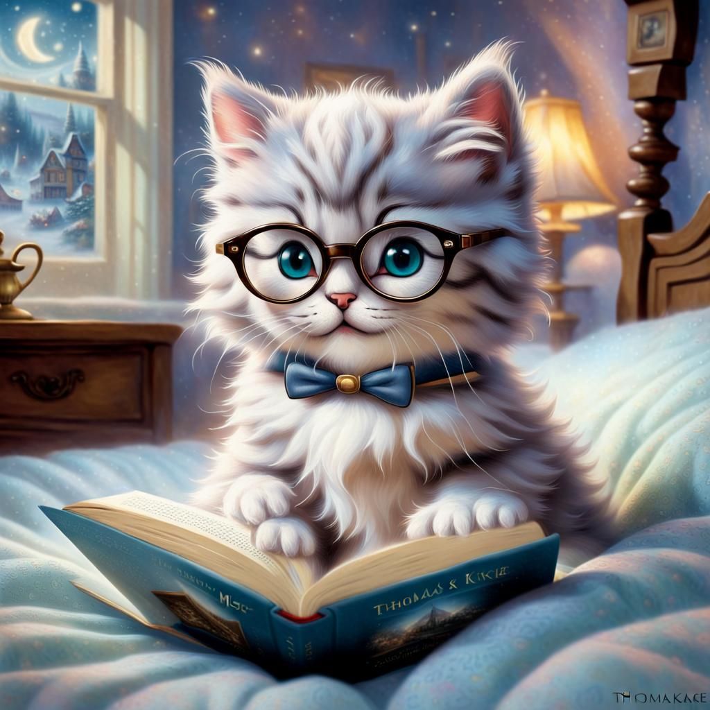 Kitten Reading Book in Ethereal Fantasy Style