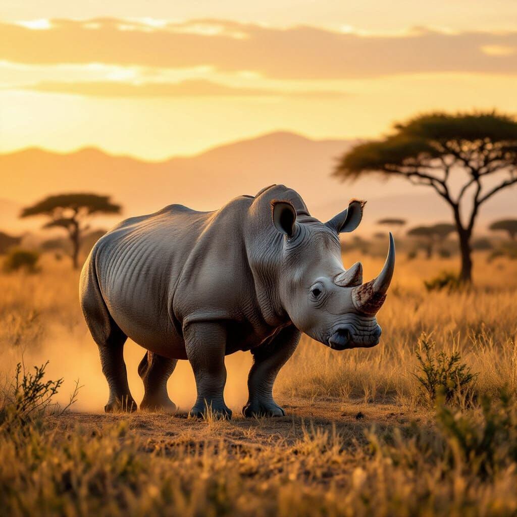 Majestic White Rhino in Golden Hour Savanna