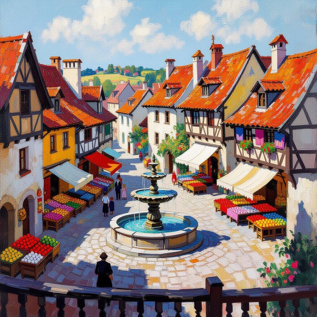 Medieval Cityscape in Neo-Impressionistic Style