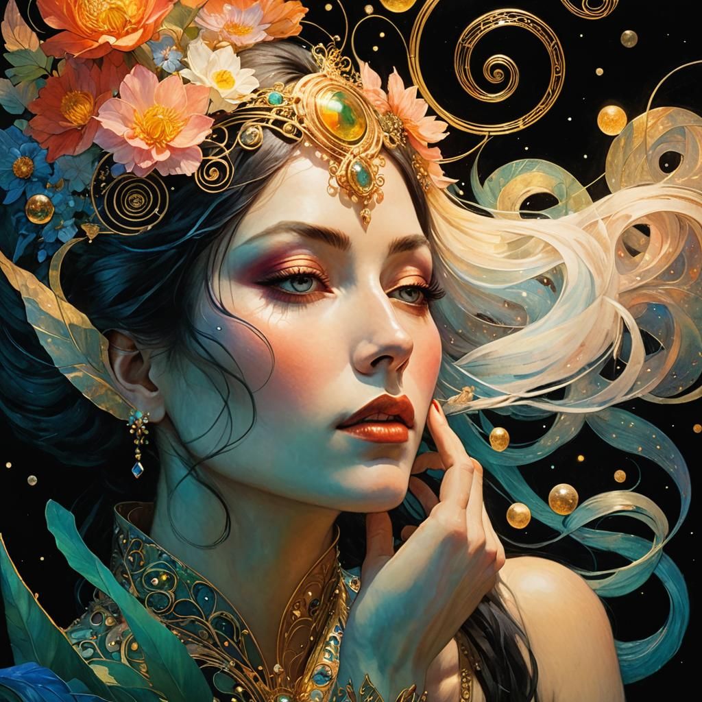 Serene Woman Waking in Forest: Art Nouveau Portrait