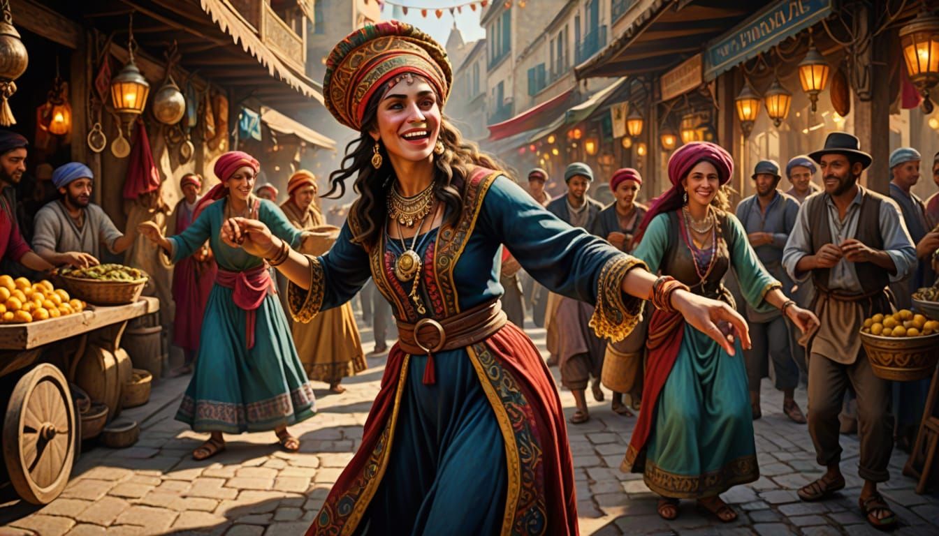 Medieval Gypsy Dance in Parisian Market, Detailed 8K