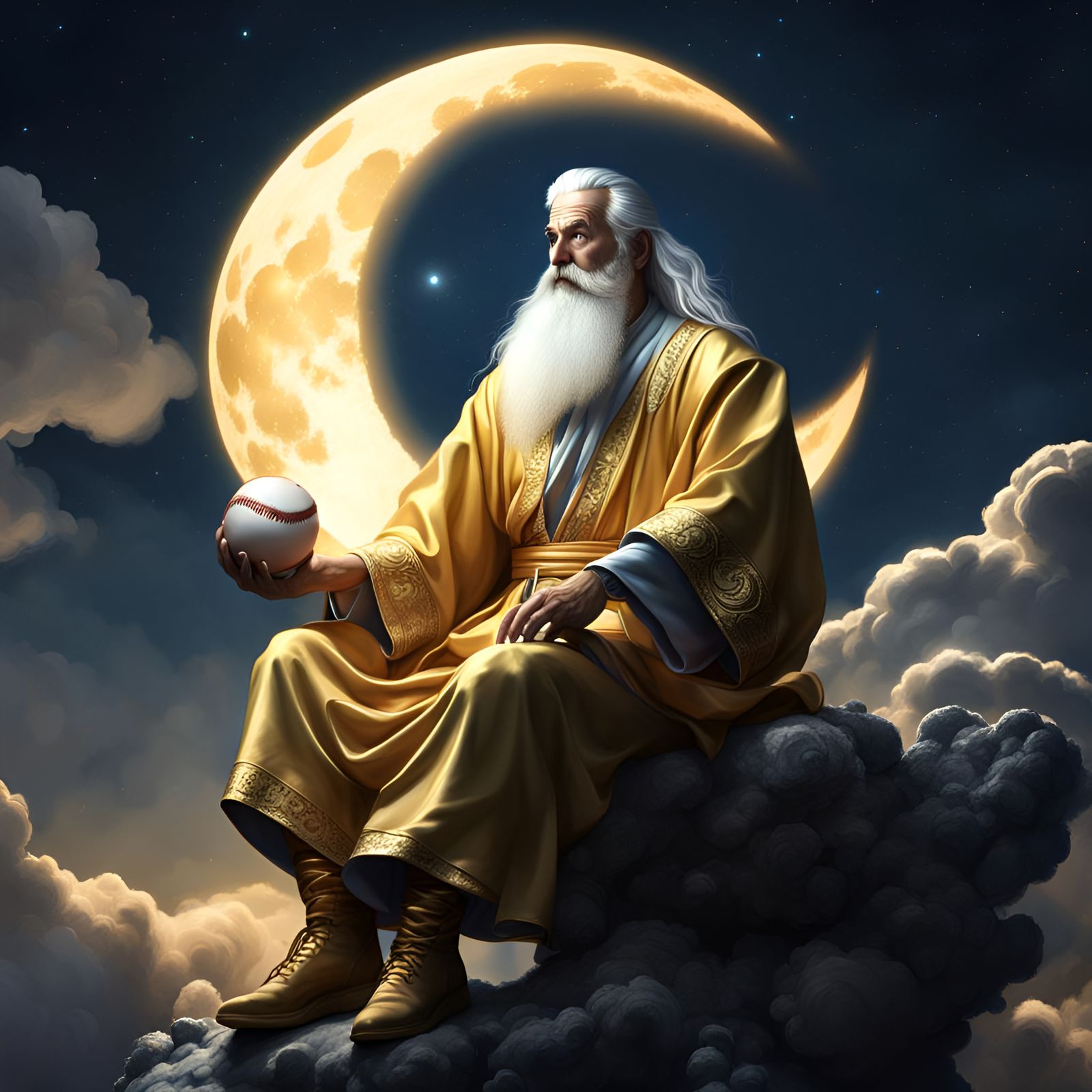 Hyperrealistic God with Baseball in Night Sky