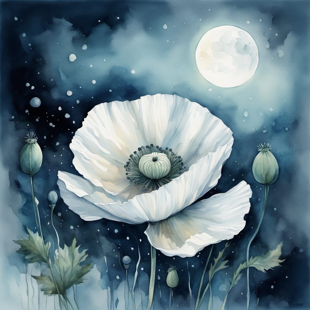 Ethereal Watercolor Poppy with Moonlight and Dewdrops