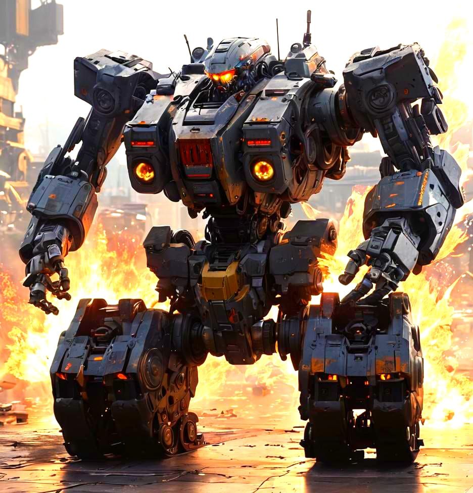 Kneeling Mech with Fire Background in Anime Style