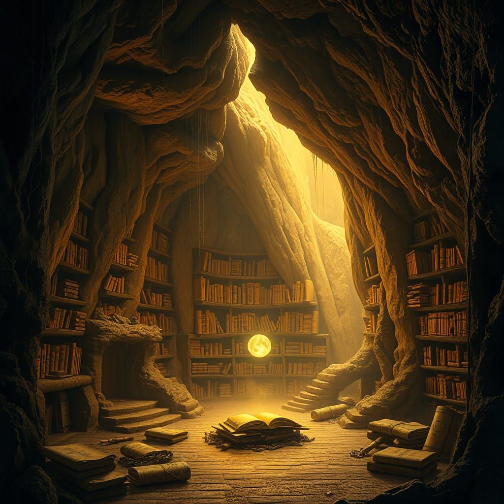 Mystical Library in a Cavernous Sepia Dreamscape