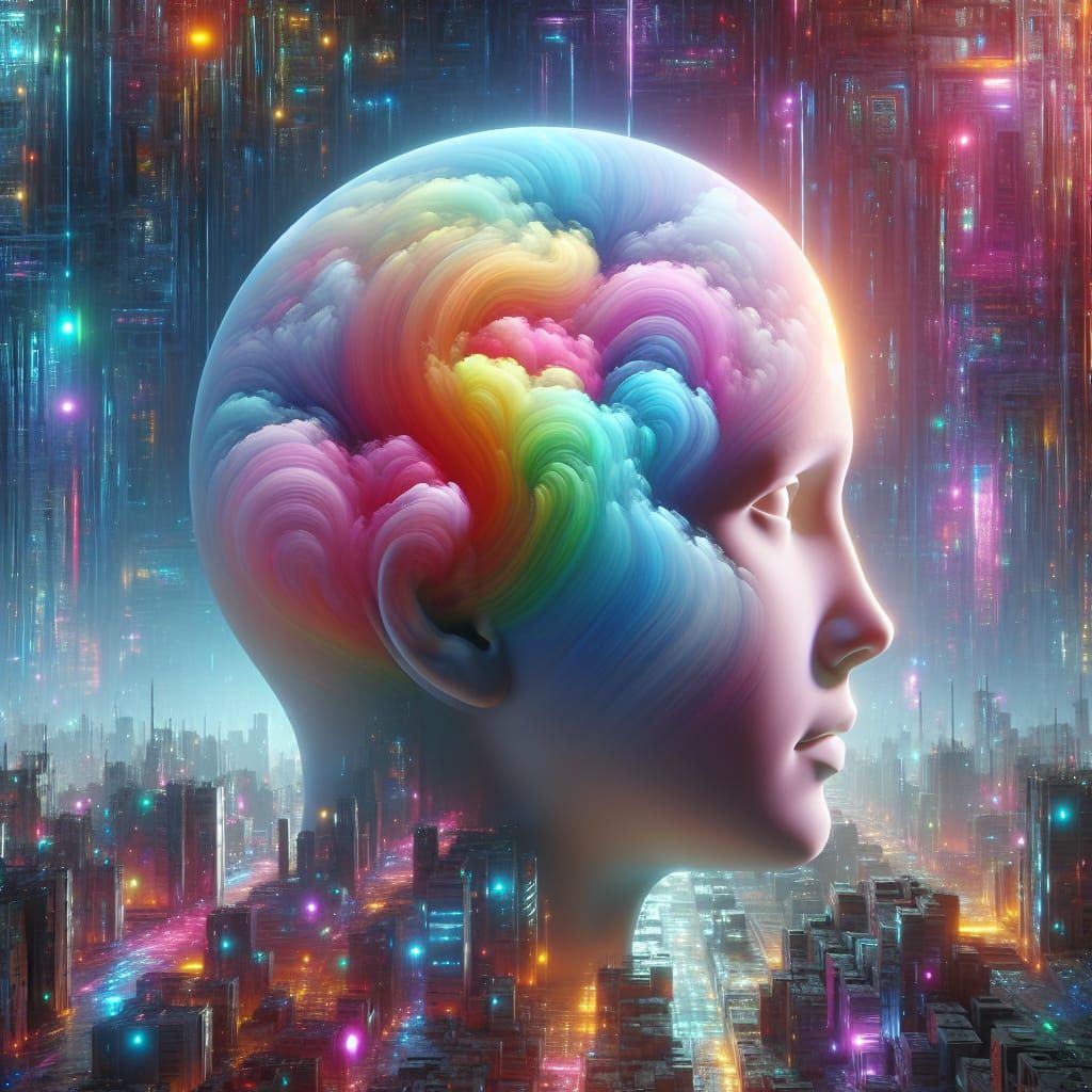 Cyberpunk Headscape: Rainbow Clouds in Neon City