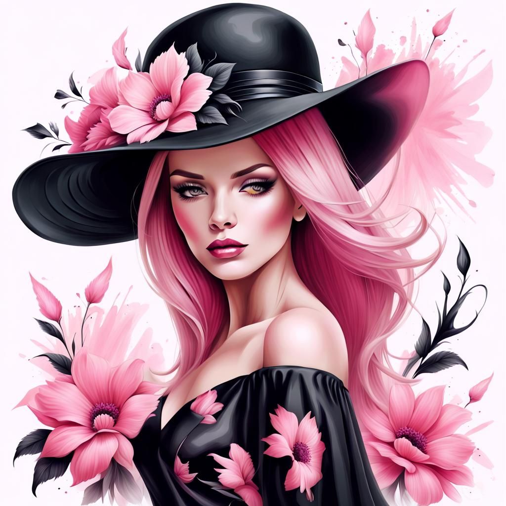 Elegant Woman with Pink Hair: Airbrush Illustration