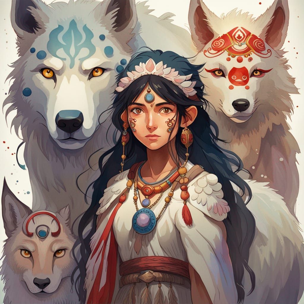 Detailed Watercolor Portrait of Princess Mononoke