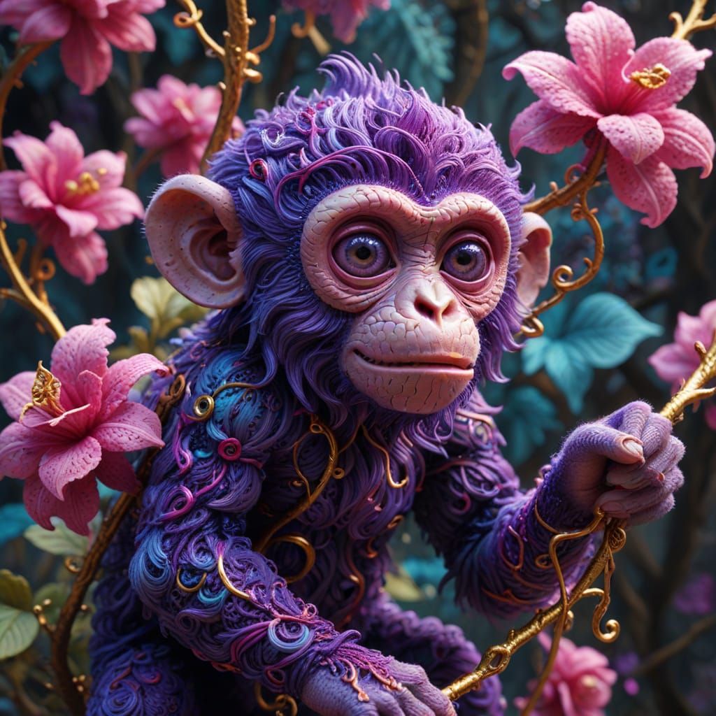 Psychedelic Crochet: Purple Monkey in Dreamlike Droste Effec...