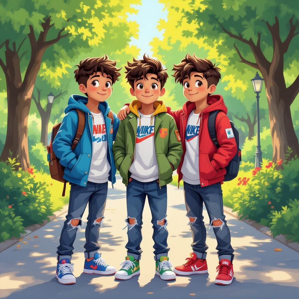 Teenage Triplets in Park, Expressive Brushstrokes Style