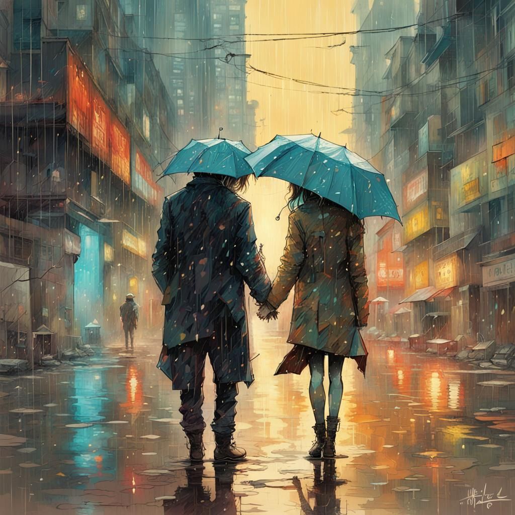 Cyberpunk Couple Embrace in Rainy Dystopian Cityscape