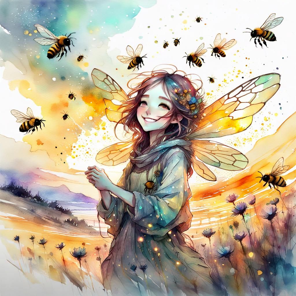 Cute Chibi Bees in a Watercolor Fantasyscape