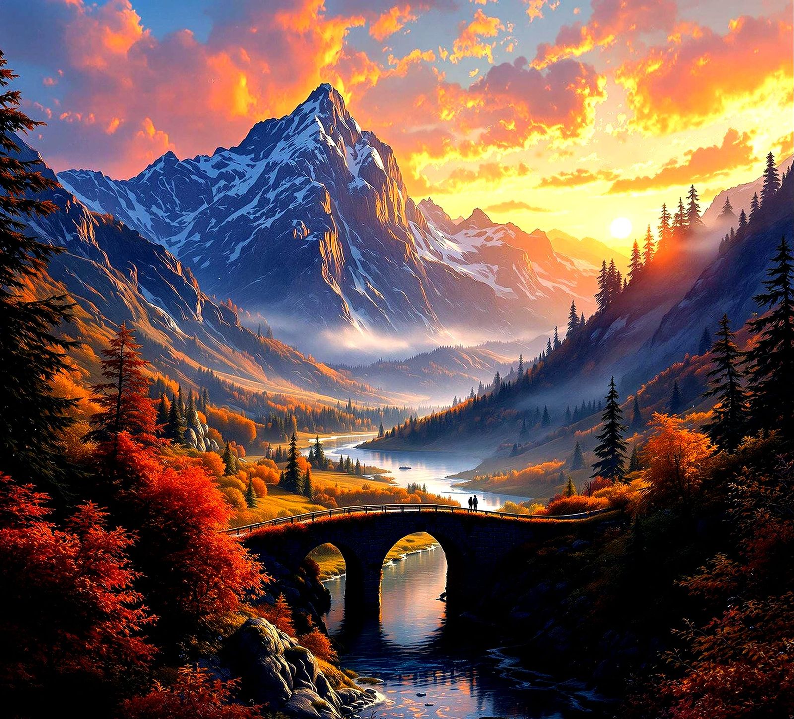 Panoramic Mountain Sunset with Quaint Stone Bridge