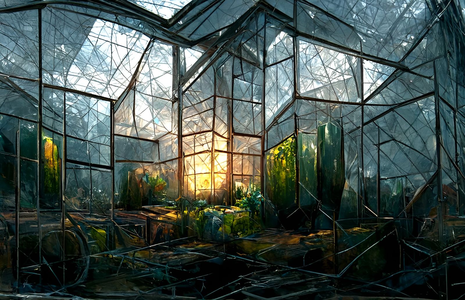 Cracked Glass Greenhouse in Pointillism Style