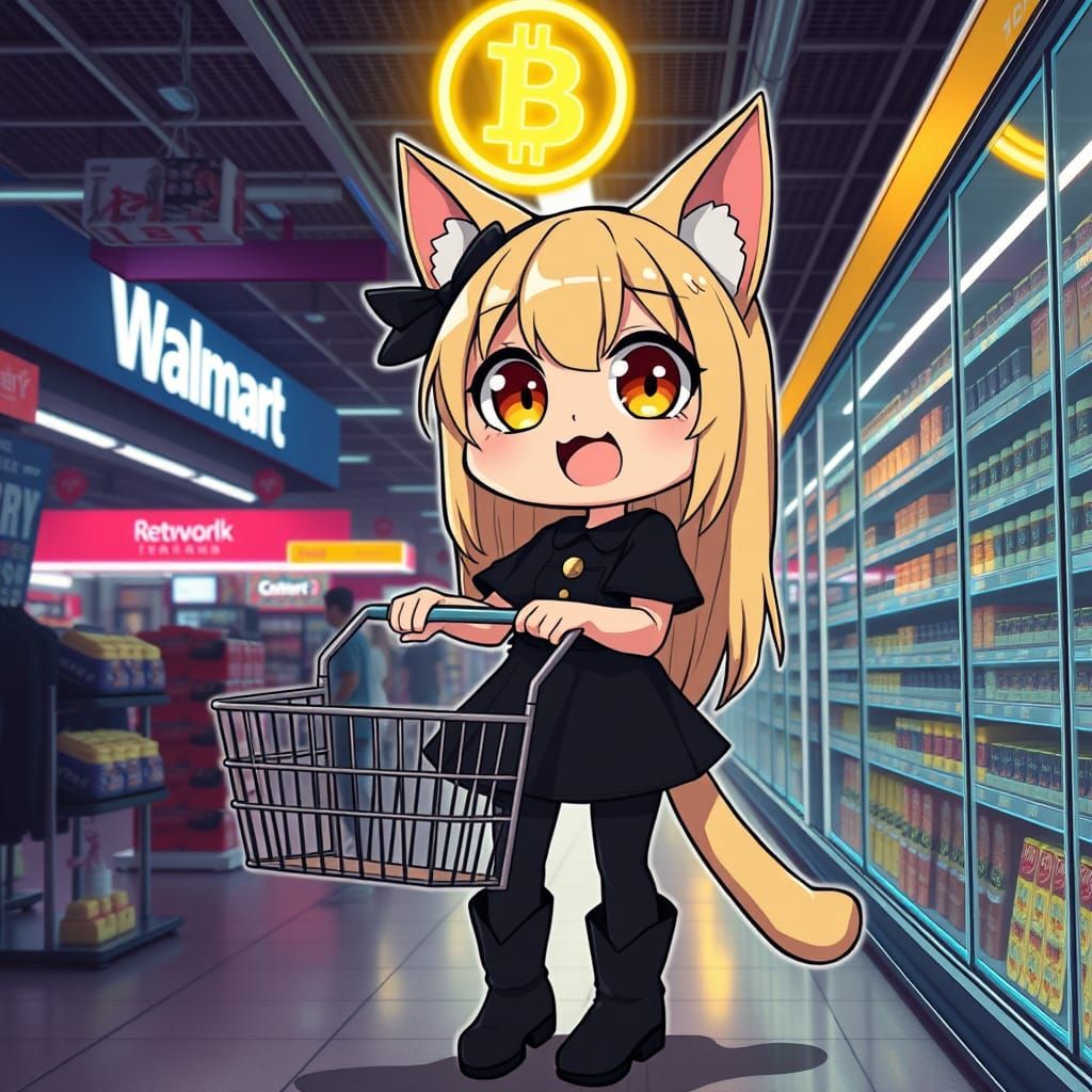 Anime Catgirl Shops in a Neon Synthwave Walmart