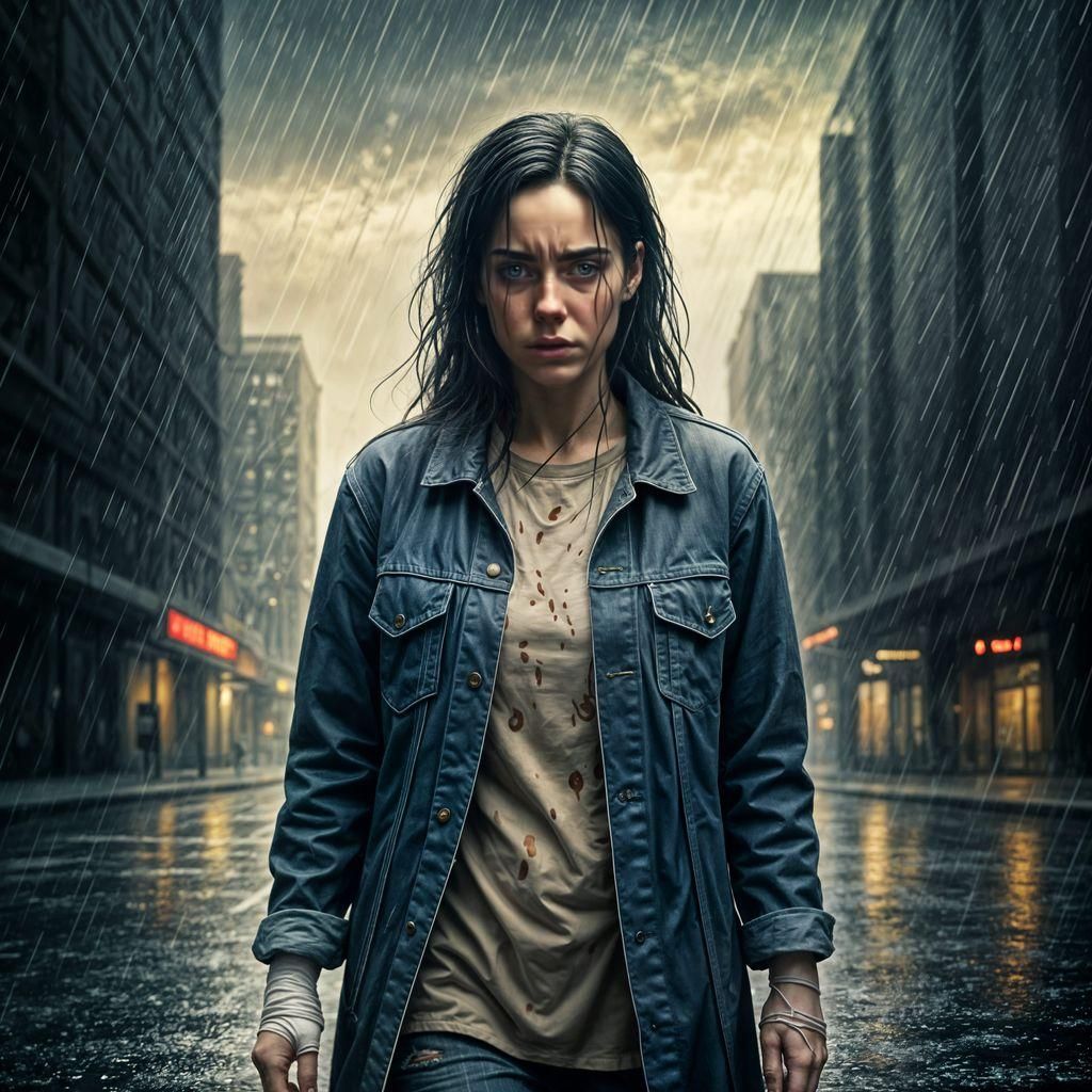 Sad Woman Walks in Rain-Soaked City Street