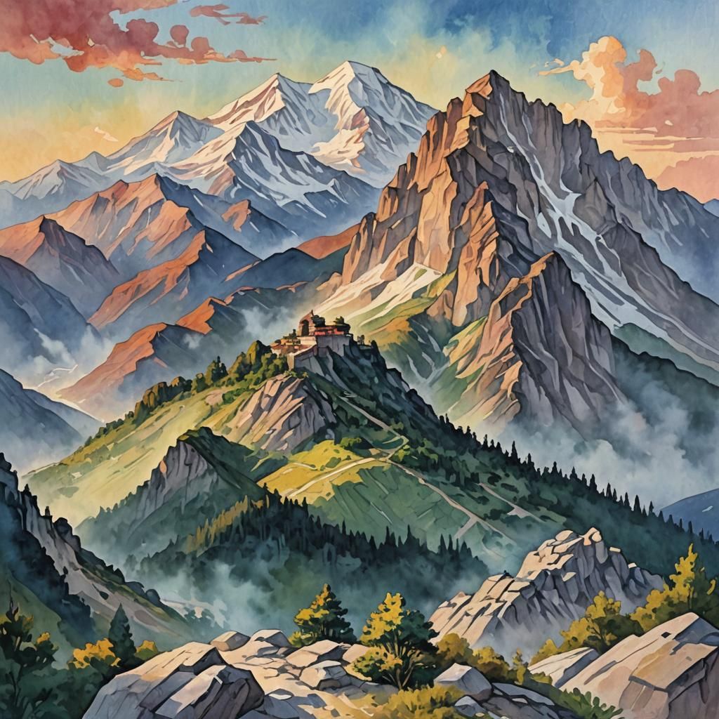 Mount Olympus at Dawn in Gouache Style