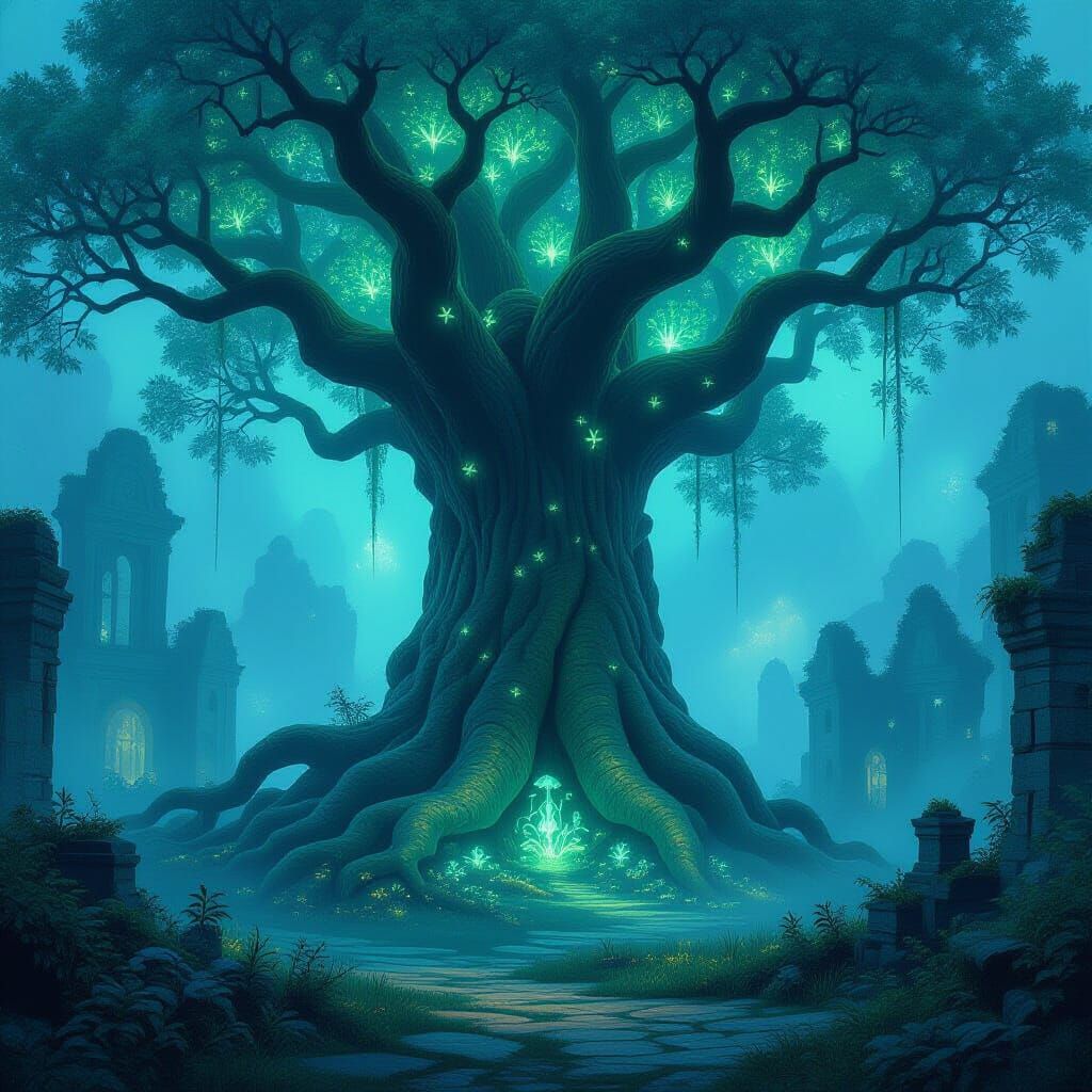 Bioluminescent Tree Sentinel in Ghibli Style