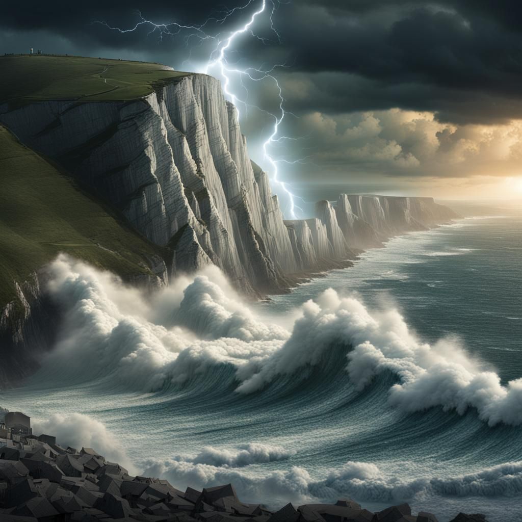 Ocean waves crashing into the White Cliffs of Dover with lig...