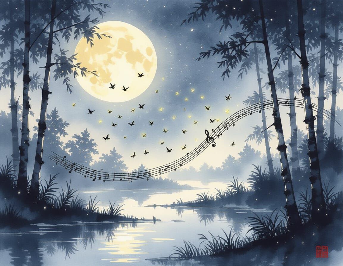 Firefly Fairies Dance Under Moonlight: Chinese Ink Painting