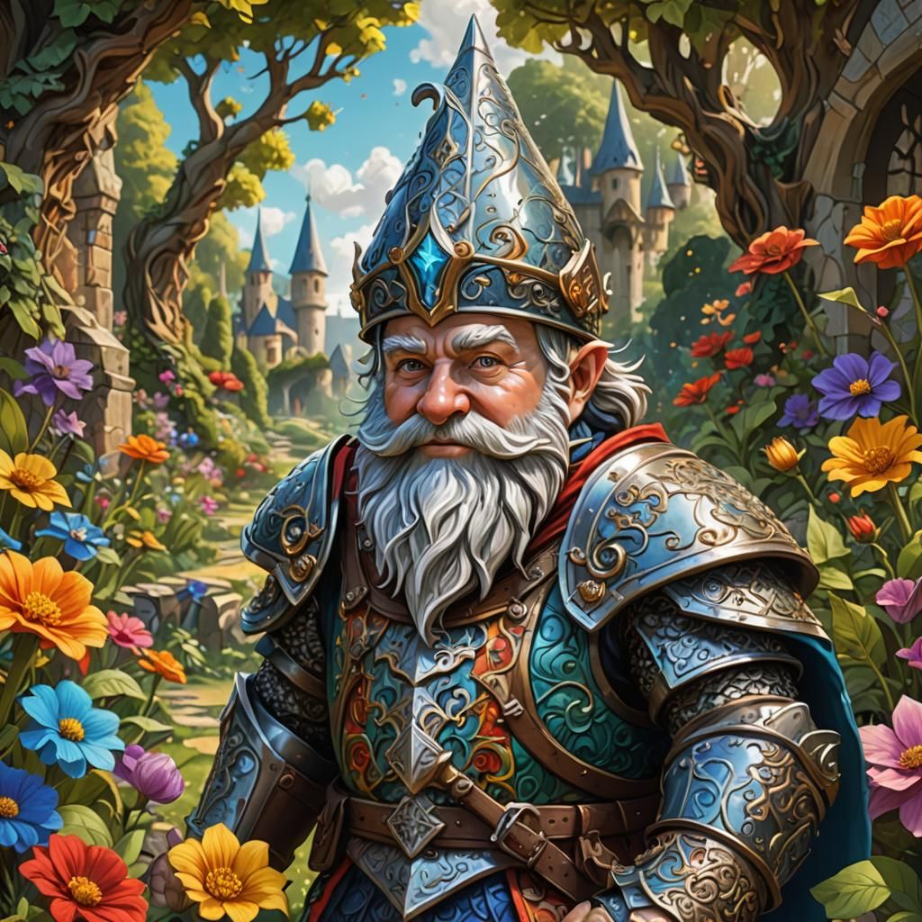 Gnome Knight in Garden: Hyperrealistic Concept Art